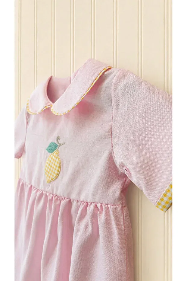Детское боди-комбинезон для девочек с коротким рукавом Limon belle baby girl pink bubble romper - premium romper with lemon appliqué Molini, Pink — фото 2