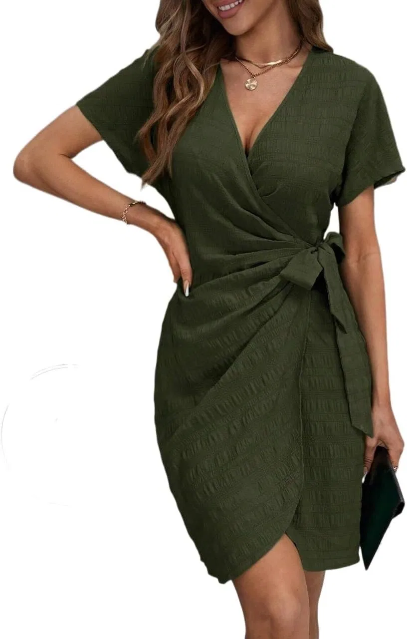 Женское повседневное платье с запахом и узлом на талии, короткий рукав, Army Green — фото 2