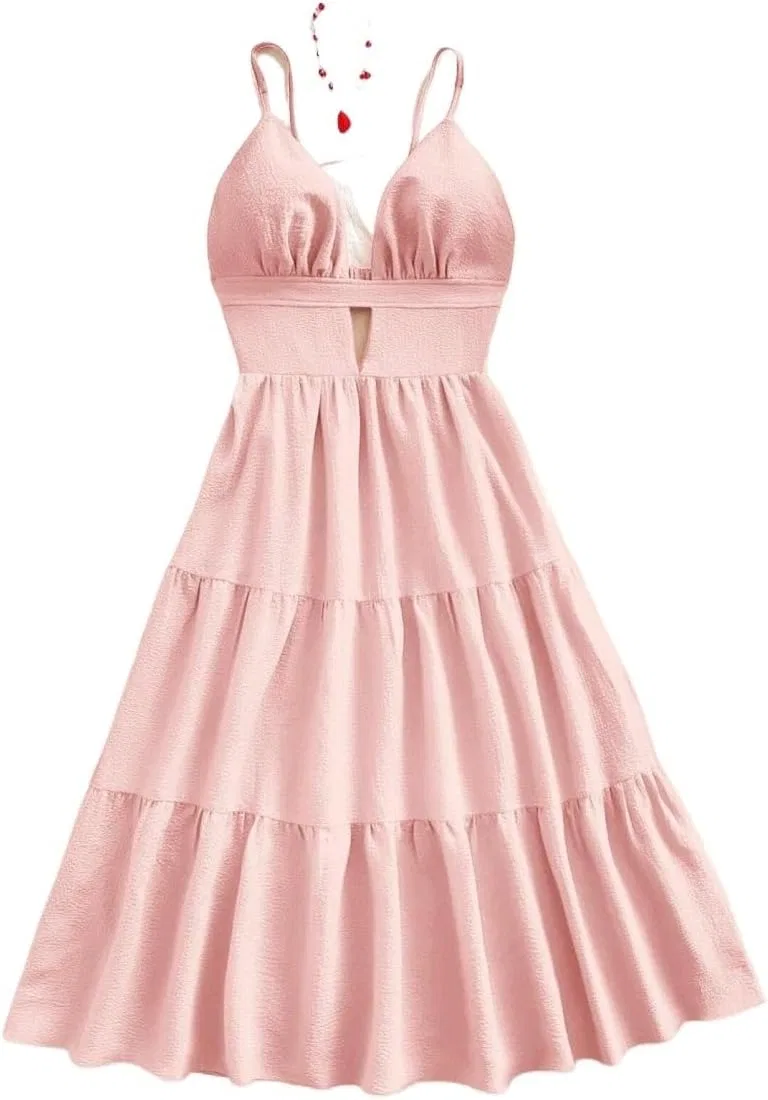 Женское летнее платье миди на бретелях с открытой спиной, Pink — фото 2