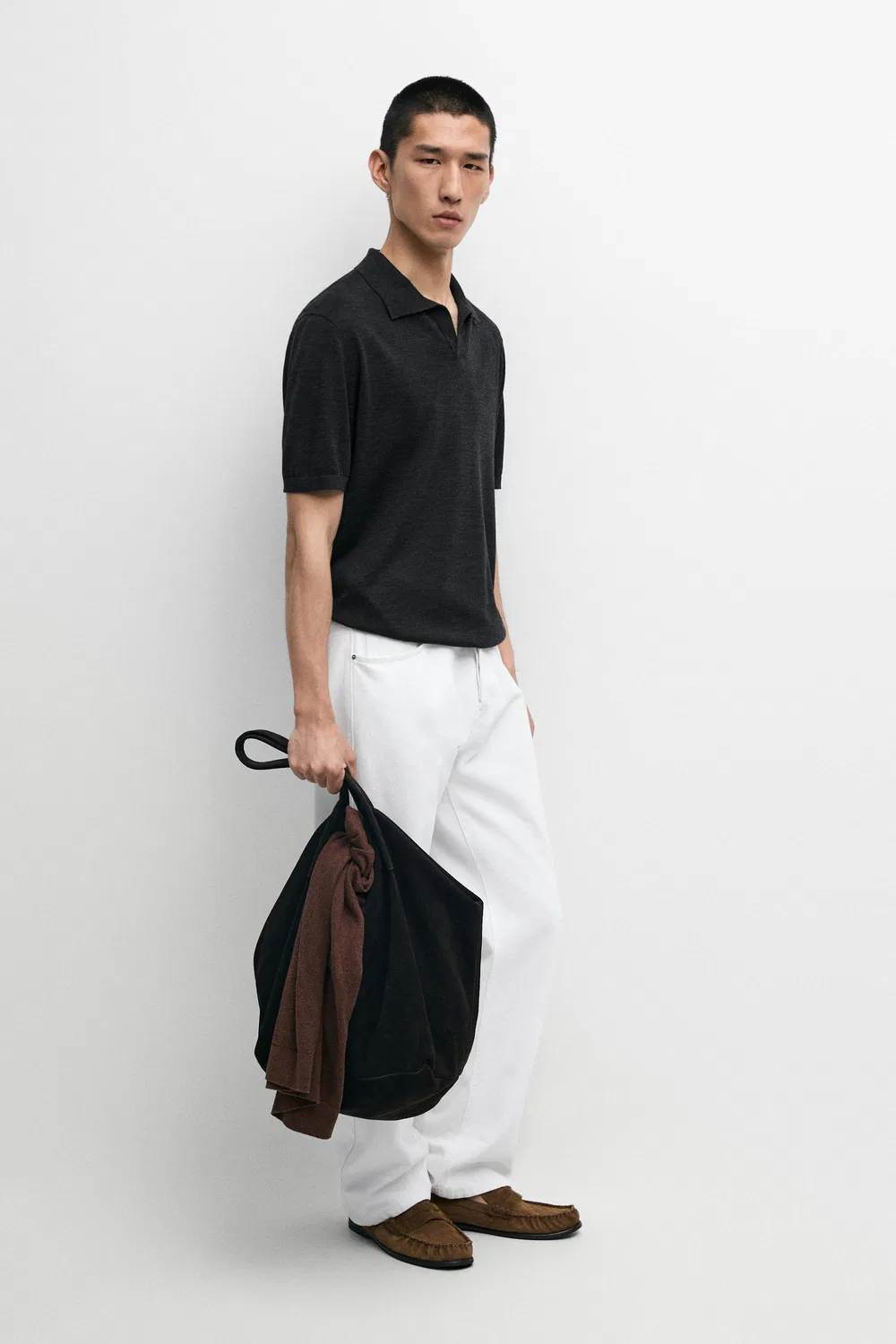 Рубашка-поло Massimo Dutti, с коротким рукавом из шерстяной смеси, угольный
