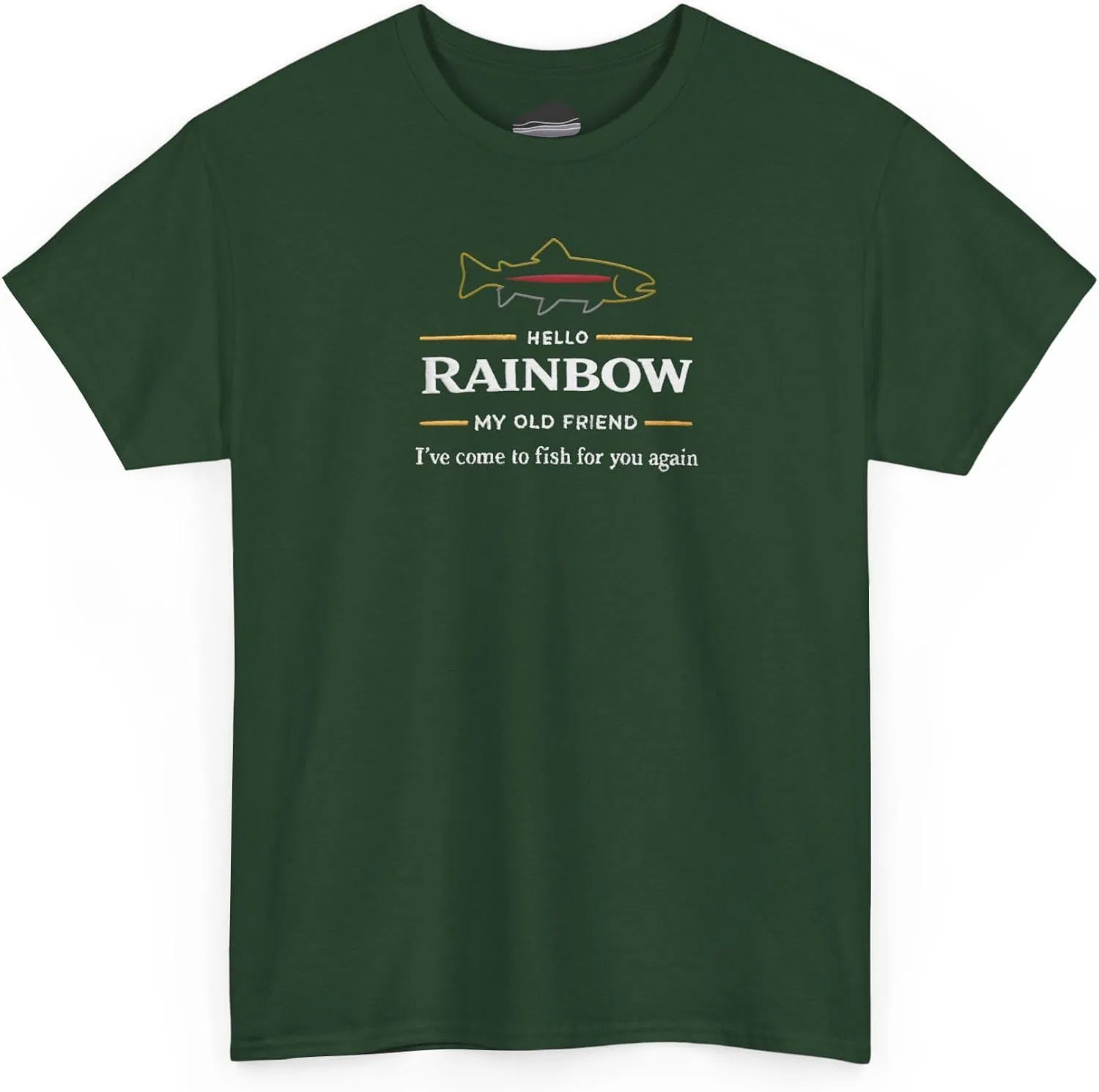 Женская футболка с принтом Hello Rainbow My Old Friend Trout Fishing, тёмно-зелёный — фото 4