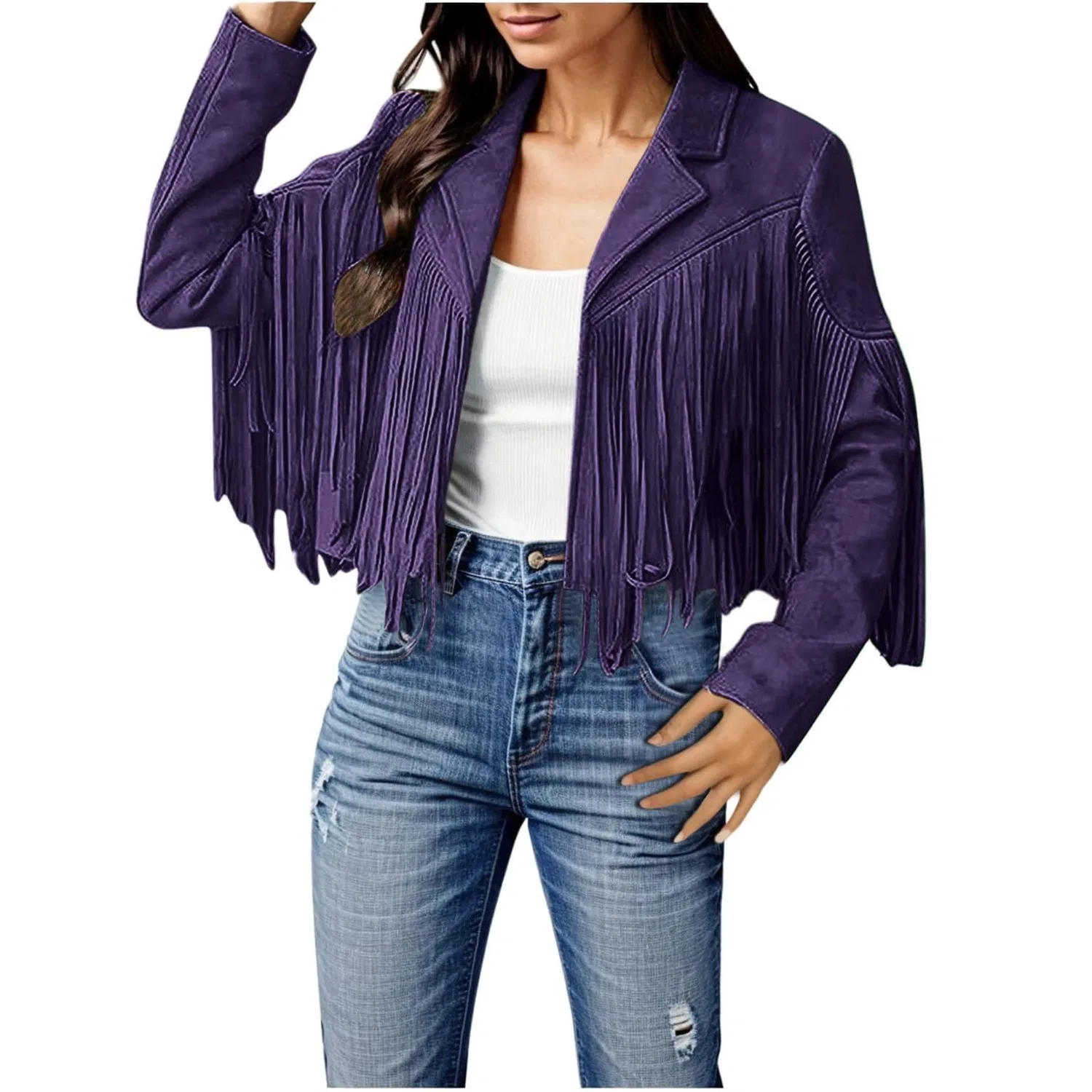 Женская куртка-косуха из замши с кисточками, Purple — фото 2
