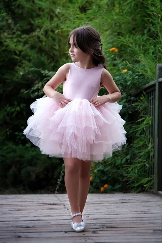 Детское платье-пачка для девочек с принтом Puffy Tutu Ballet Dress Sara Tasarım, Light Pink