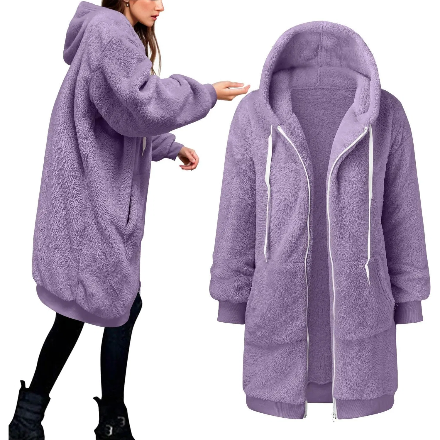 Женское утеплённое пальто с флисом на молнии, purple — фото 4