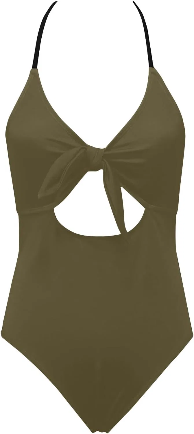 Женский купальник слитный с вырезом и завязками, Army Green — фото 3