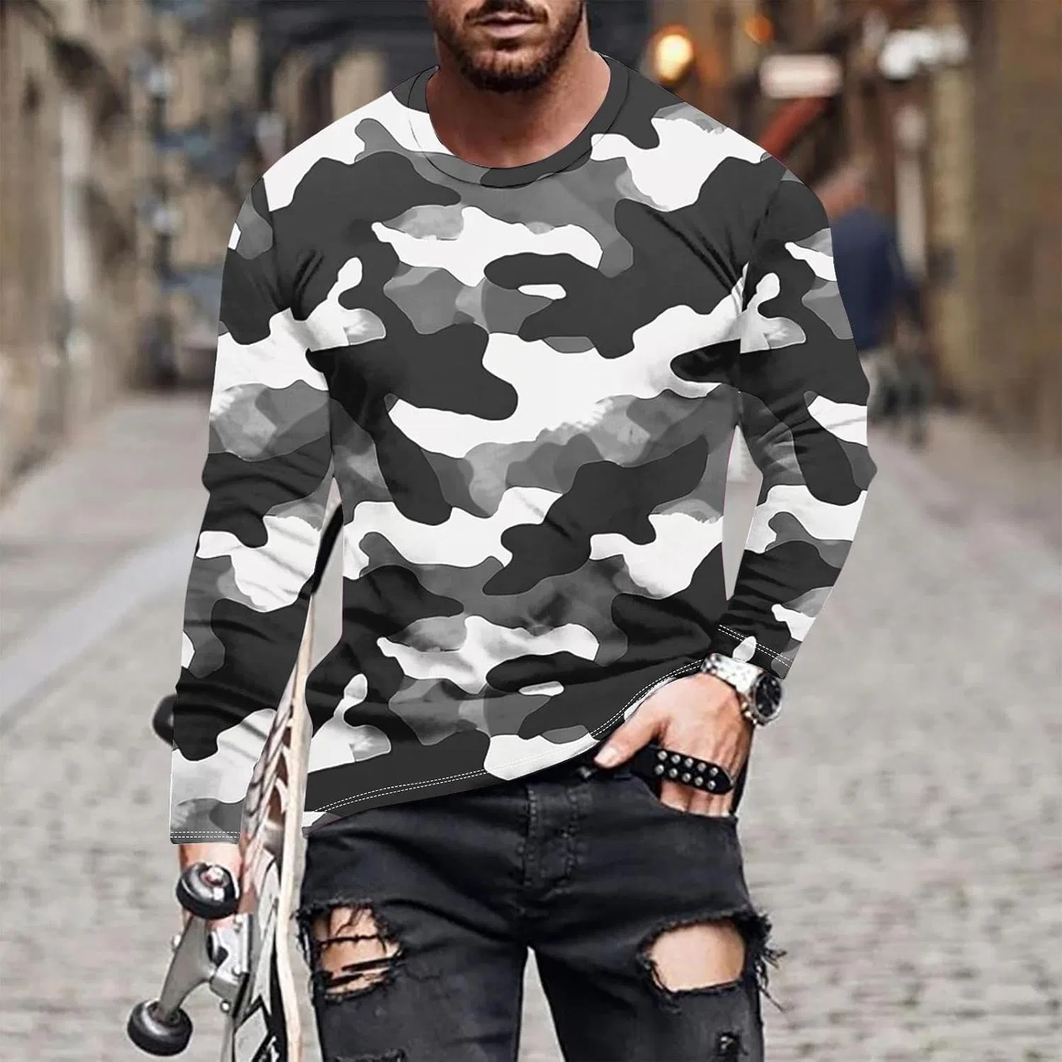 Мужская футболка с камуфляжным принтом Long Sleeve Shirts, Gray — фото 2