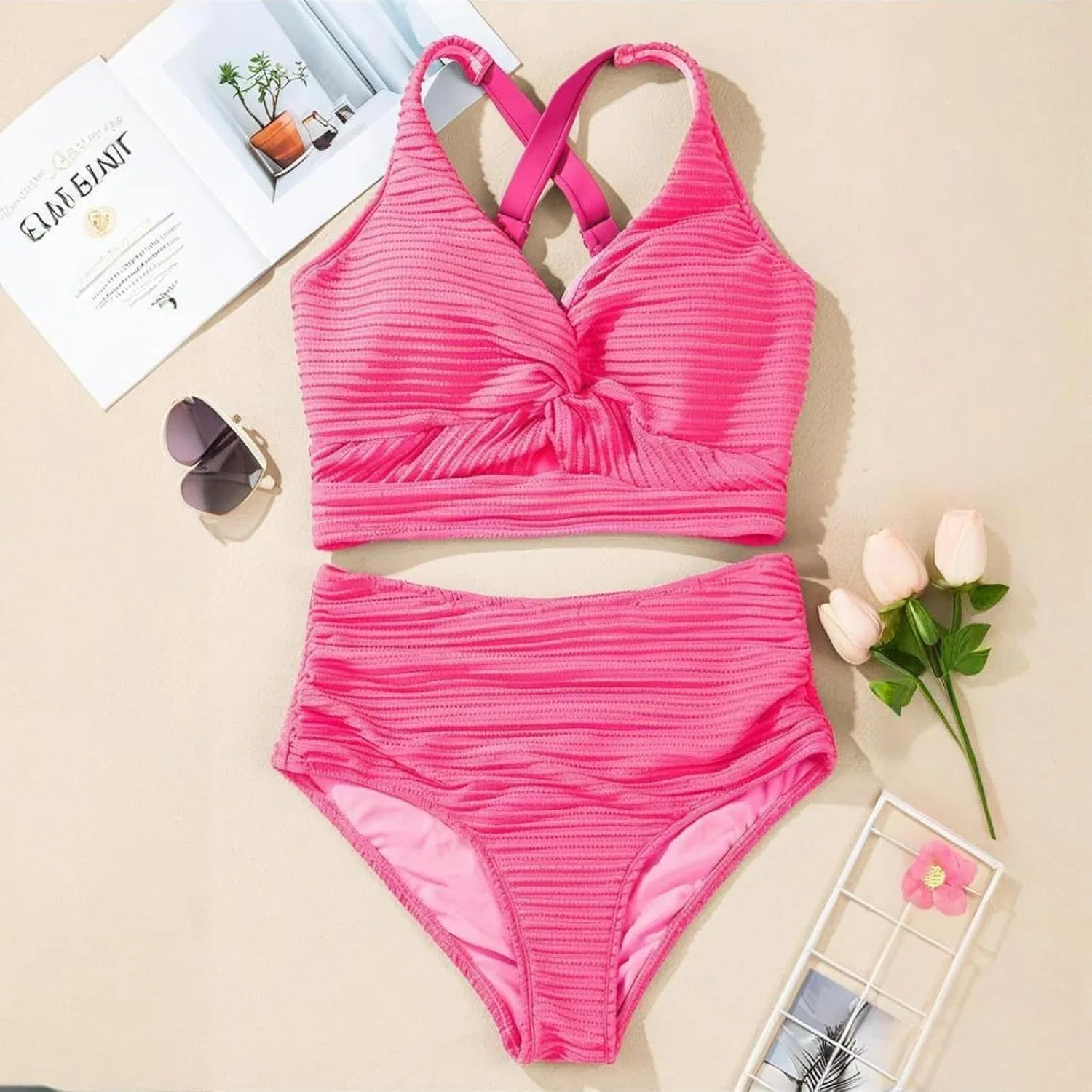 Женский купальный костюм с высокой талией и вырезами Summer Bikini Sets, Pink — фото 4
