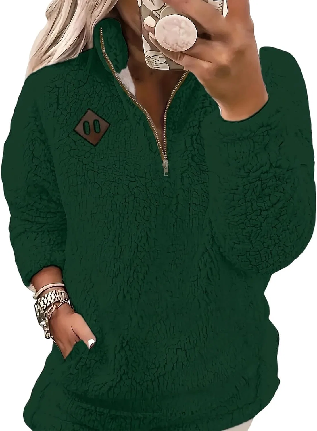 Женский свитшот с длинным рукавом из флиса, Quarter Zip, зелёный