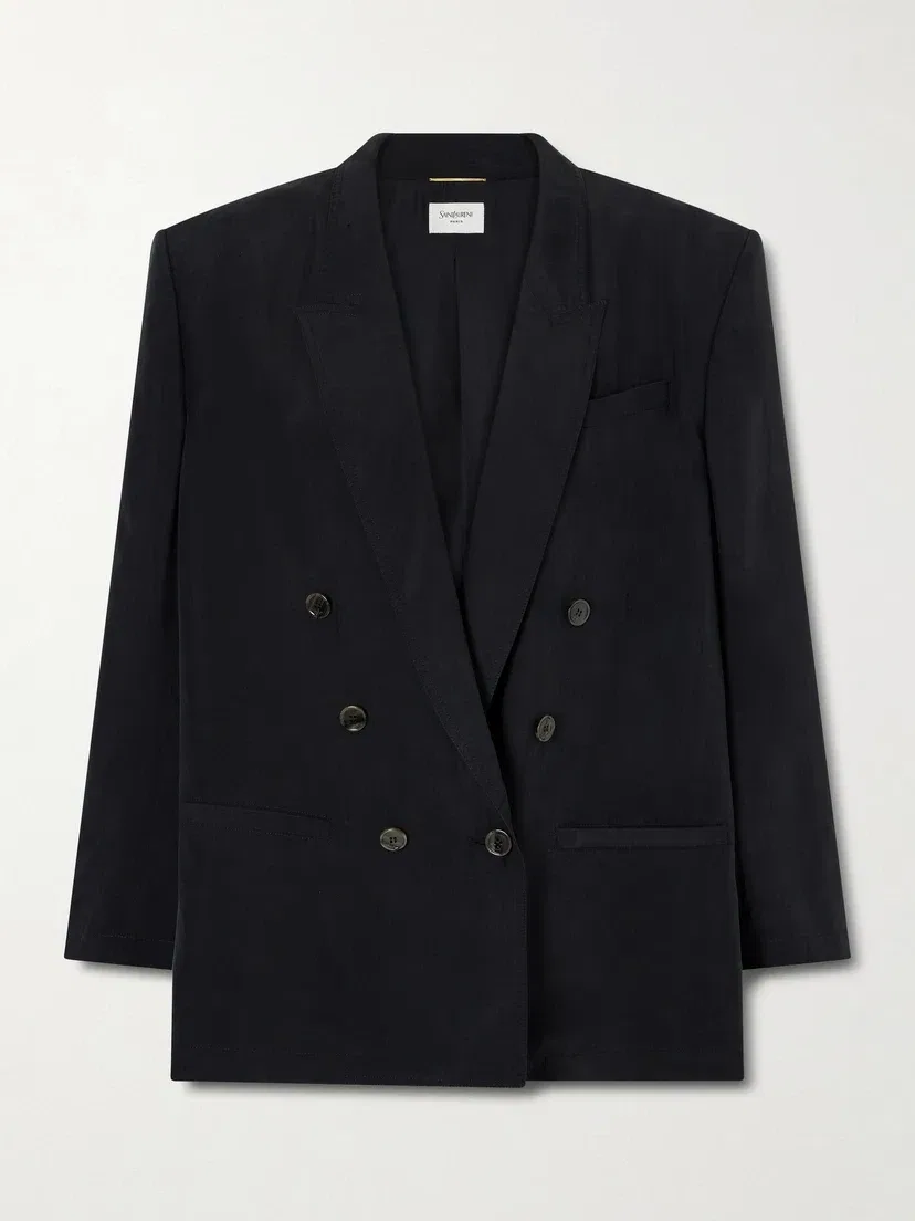 Двубортный блейзер из шелкового хаботая SAINT LAURENT, черный