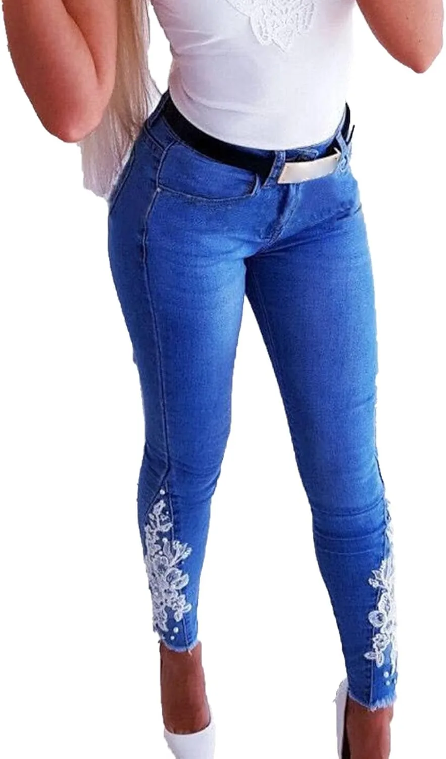 

Женские джинсы с вышивкой цветов и кружевом DGHM-JLMY