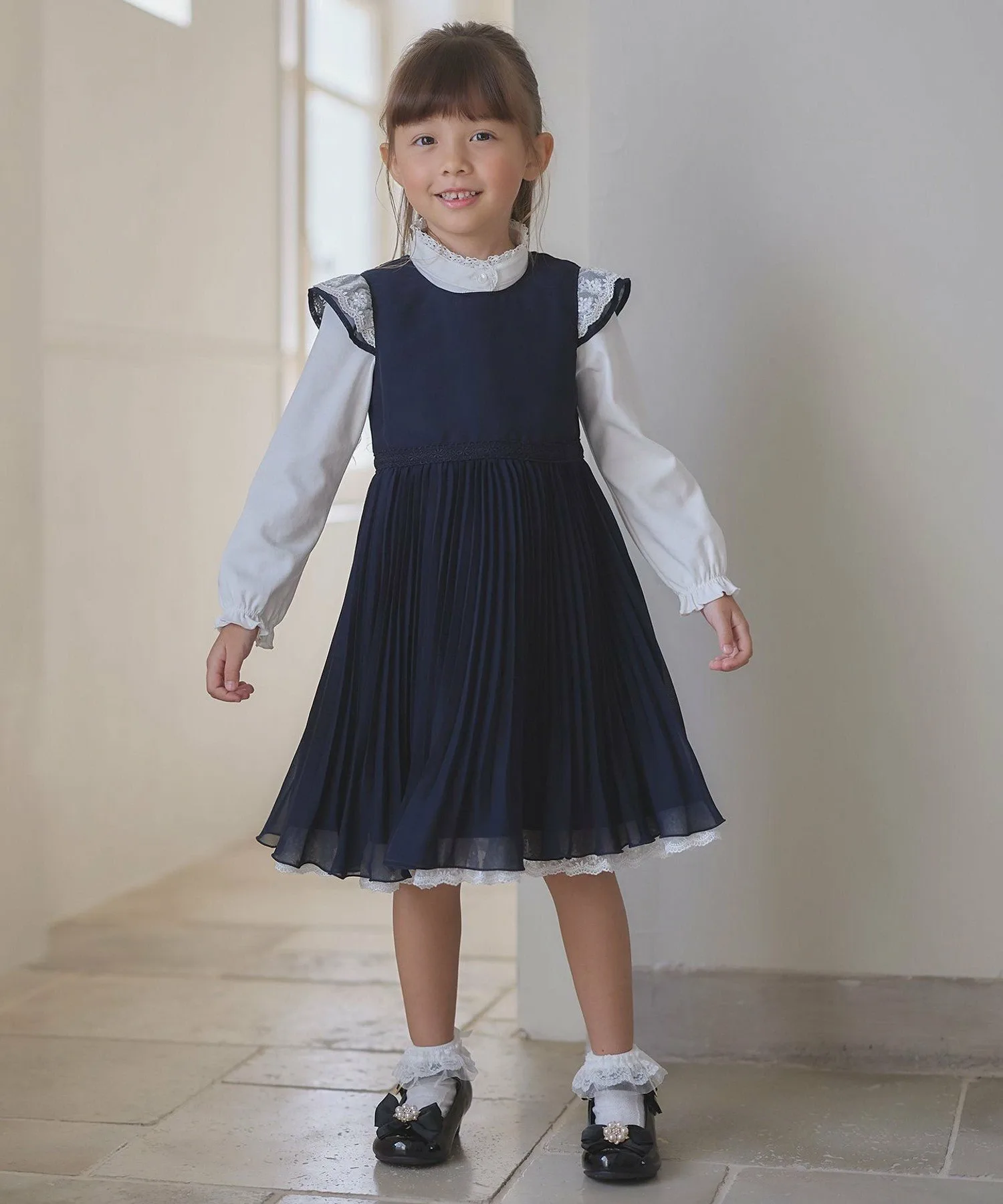 Плиссированное платье из шифона ANY KIDS, Navy [075] — фото 3