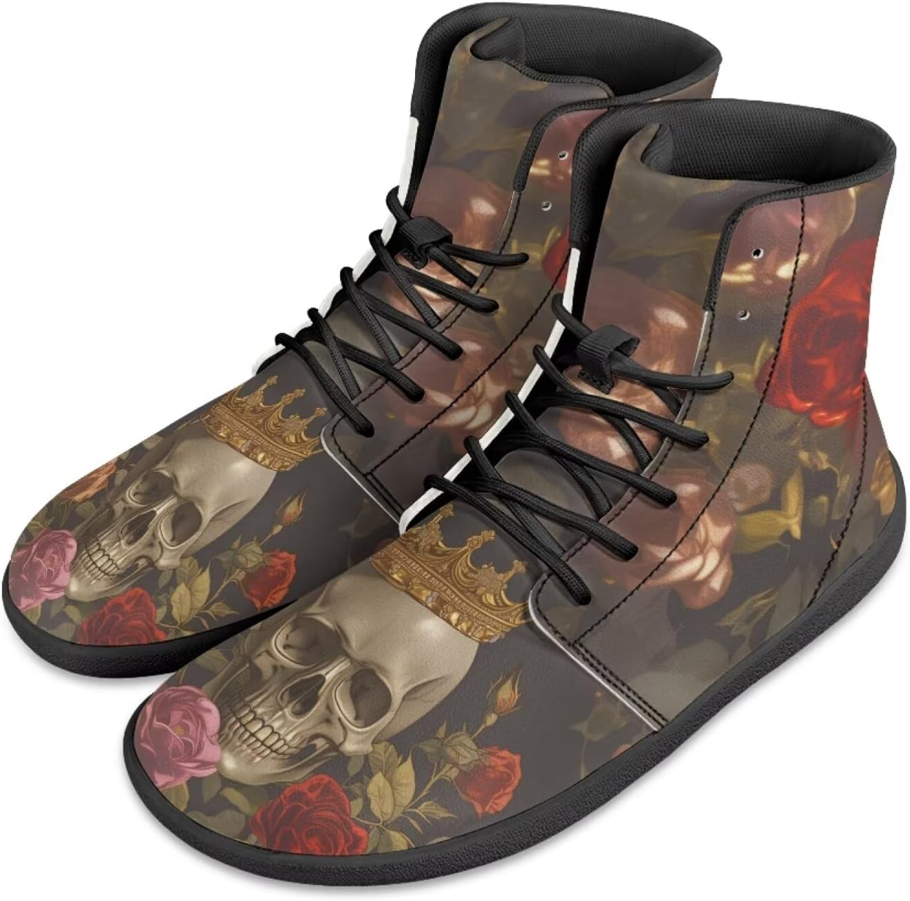 

Мужские кроссовки с высокой посадкой и широким носком Barefoot с черепами и цветочным принтом, шнуровка, противоскользящие, для тренировок и бега Xixirimido, Crown Skull Floral