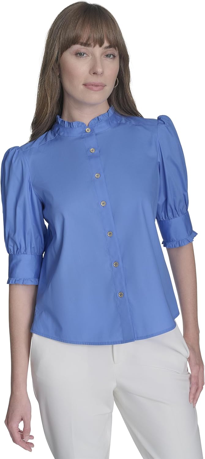 

Женская рубашка Tommy Hilfiger с коротким рукавом и оборкой на вороте с пуговицами спереди, French Blue