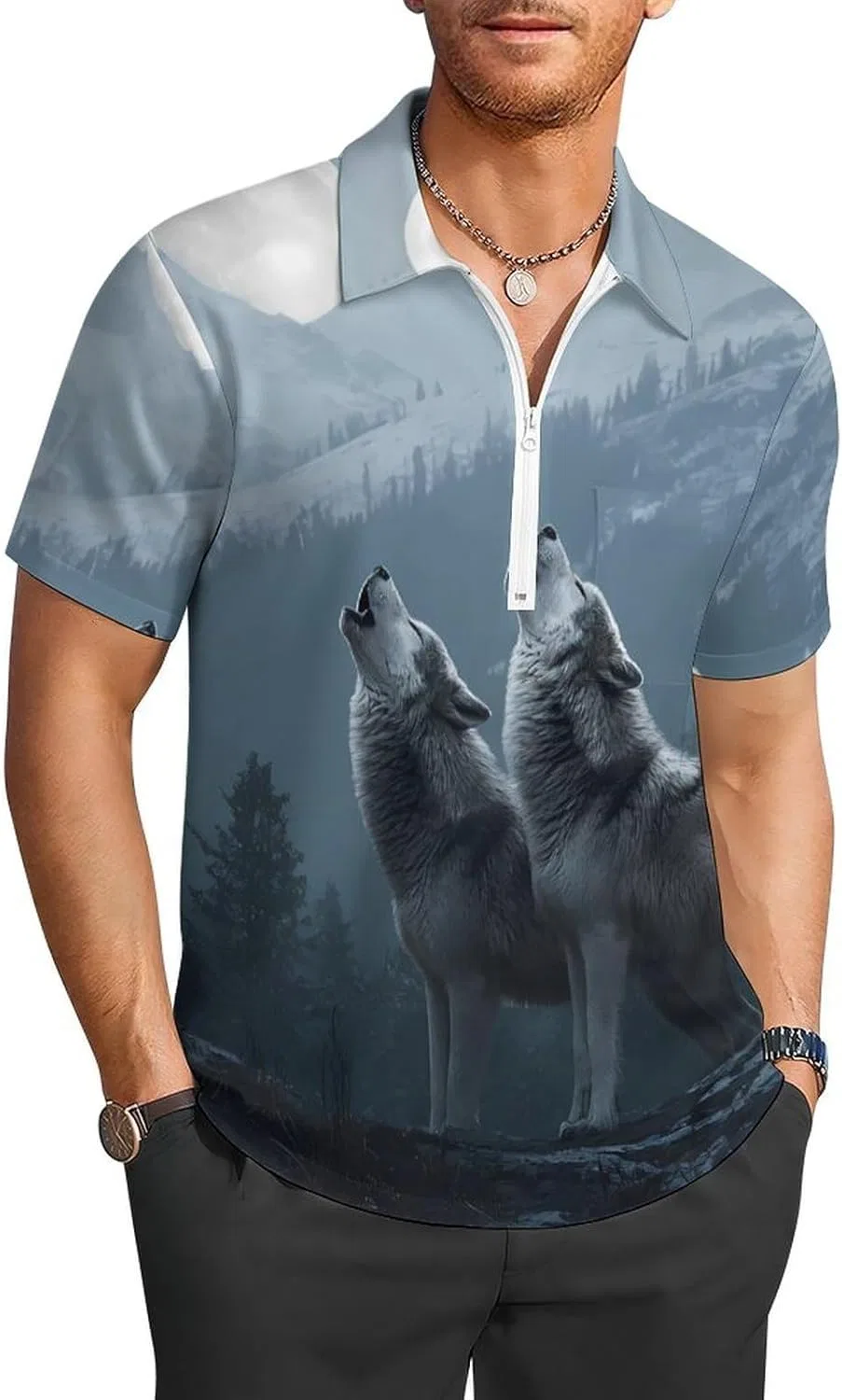 Мужское поло с принтом, на молнии, с карманом, Howling Wolf, Style