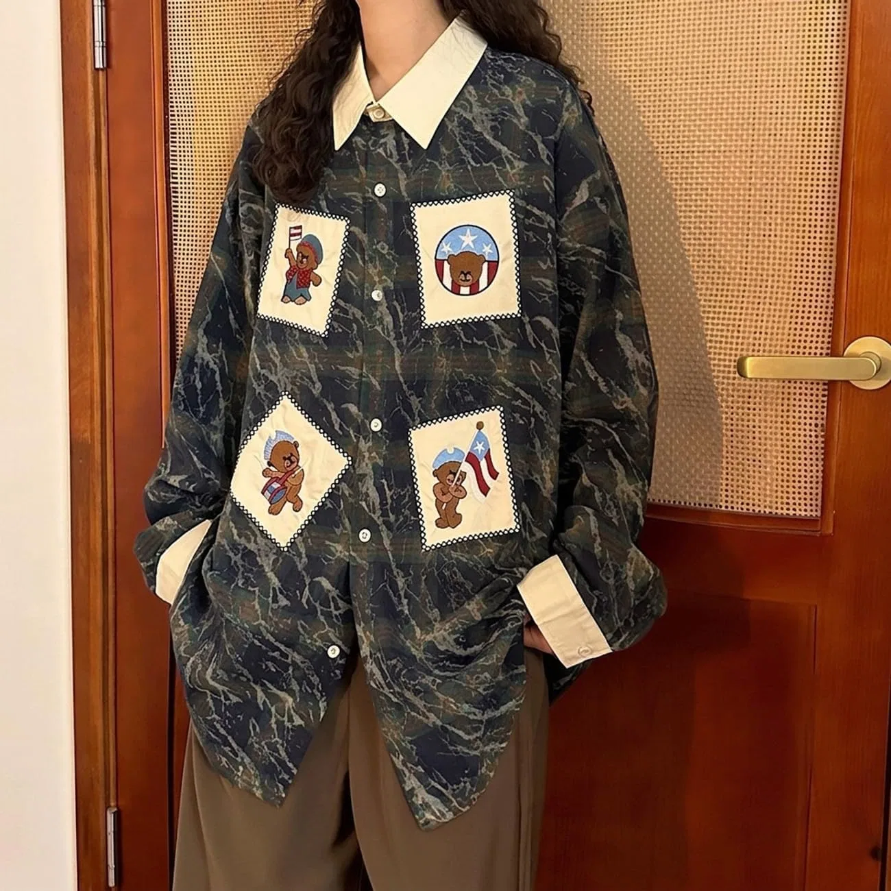 Блуза с принтом медведя, ретро, Oversize, синий — фото 3