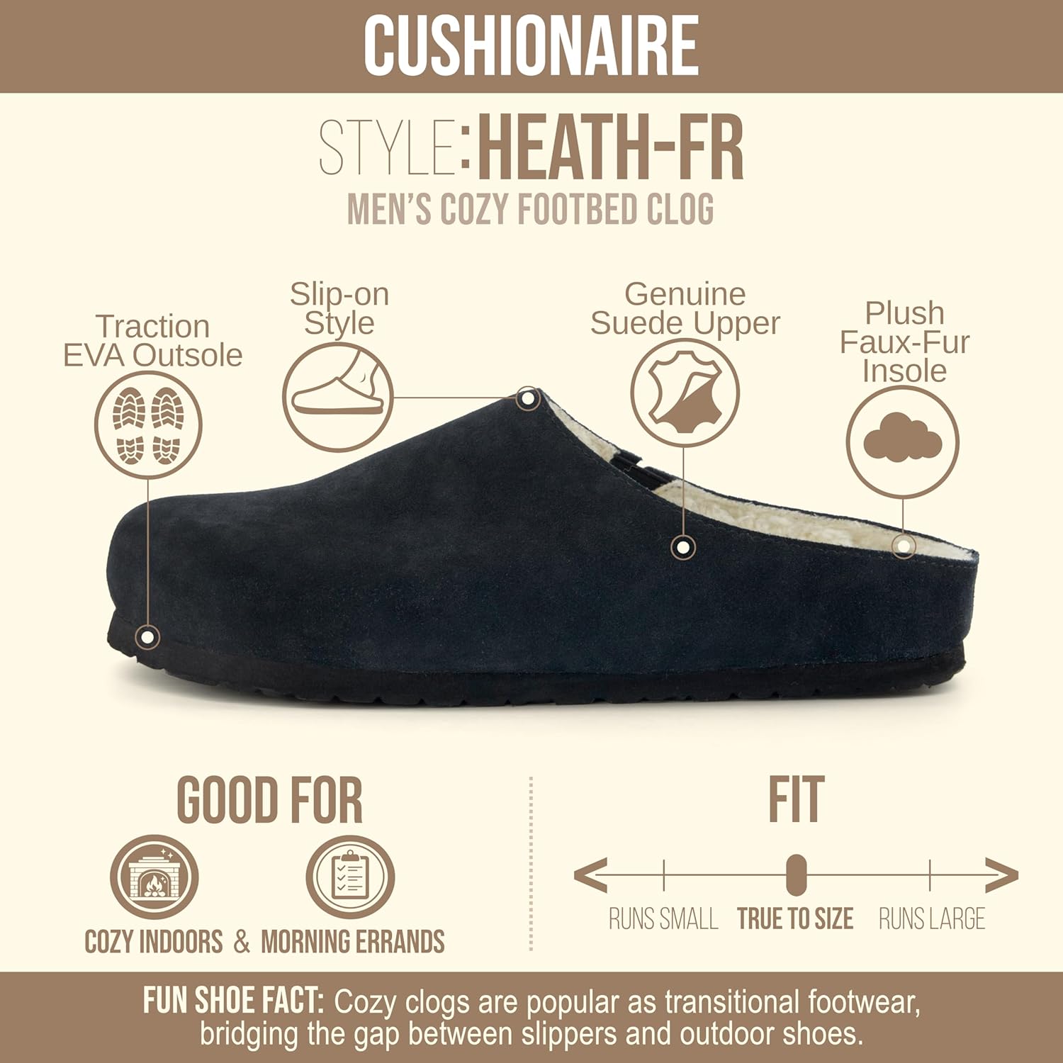 Мужские тапочки CUSHIONAIRE Heath из настоящей замши - уютные домашние сабо с искусственным мехом и ортопедической подошвой с эффектом памяти, для дома и улицы, черный — фото 2