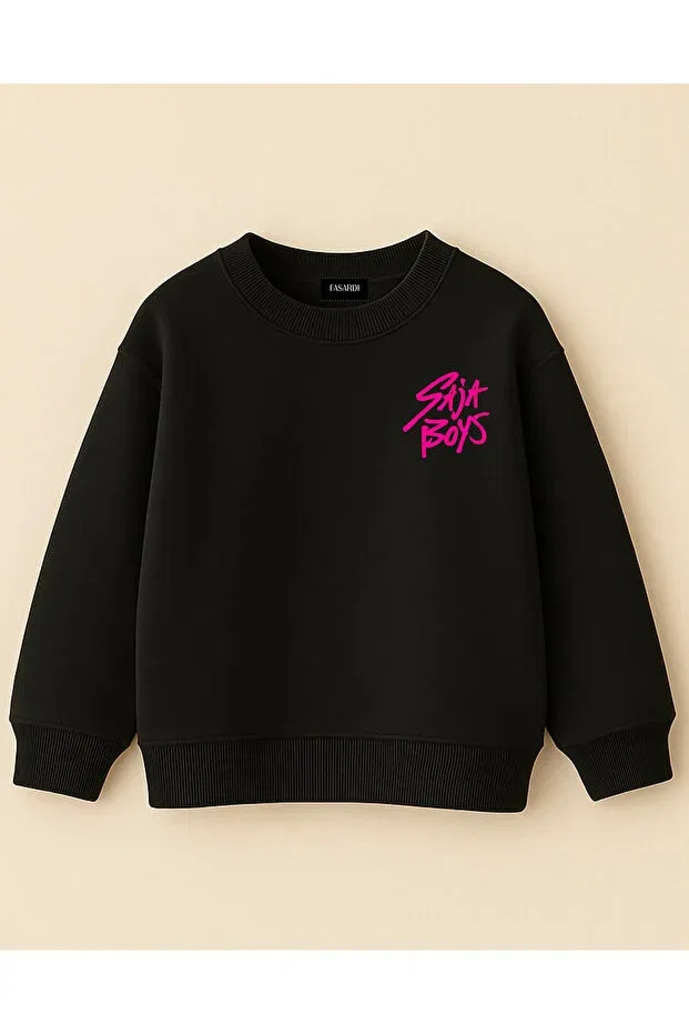 Детское худи оверсайз с принтом Kpop Demon Hunters Saja Boys Front Back Printed Oversized Unisex Children's Sweatshirt Without Sharadon Long Sleeve Fasardi, Black — фото 2