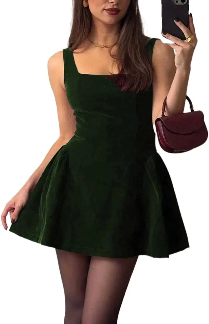 Женское элегантное A-силуэта мини-платье с открытой спиной Dark Green