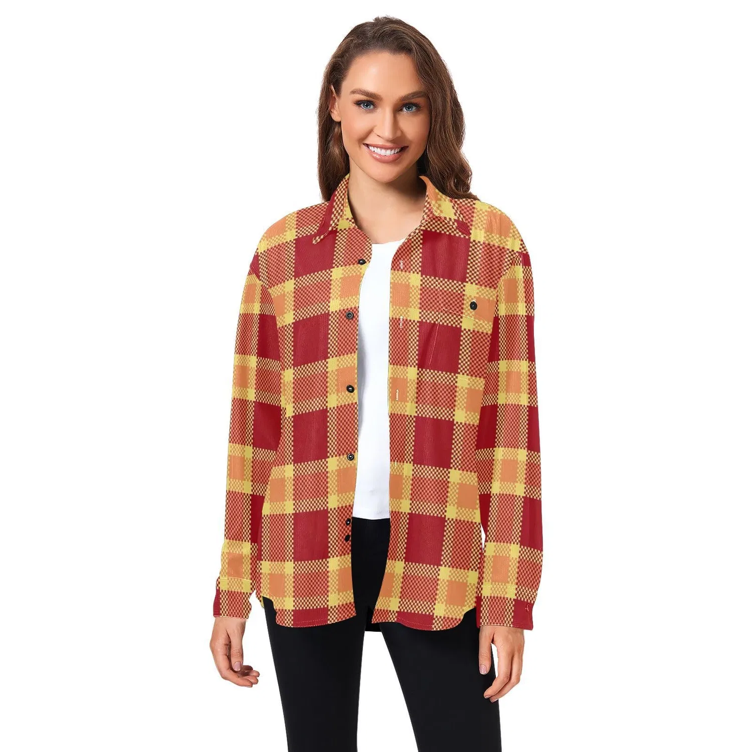 Женский жакет-рубашка из вельвета в клетку с длинным рукавом, Plaid Retro Rosso Giallo