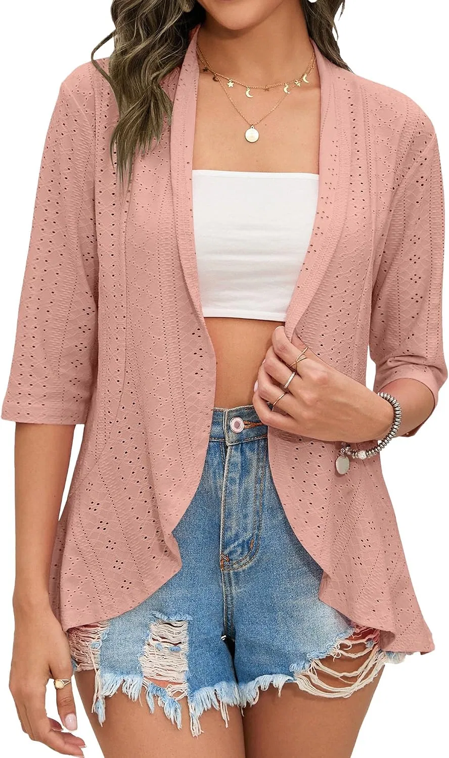 Женский легкий кардиган кимоно с кружевной отделкой, Blush Pink