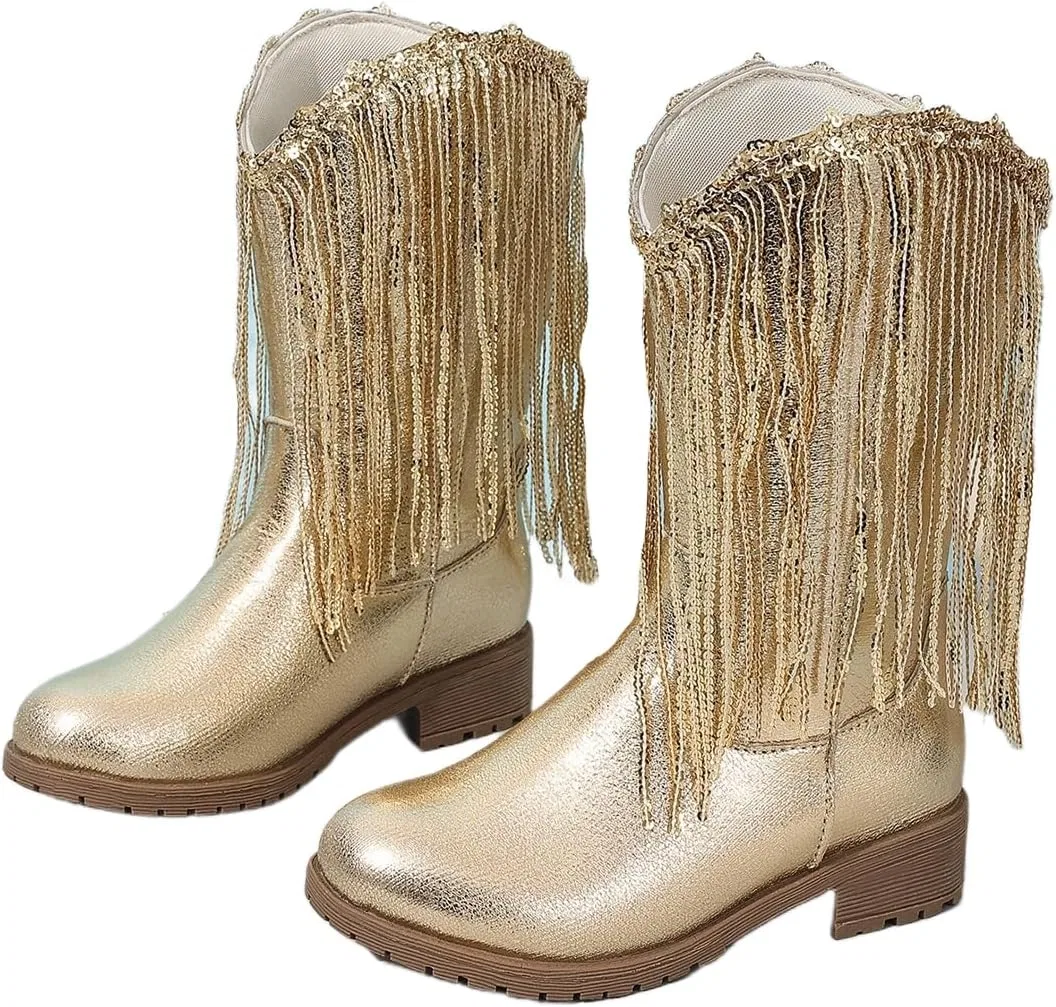 Детские зимние сапоги для девочек с кисточками и пайетками Princess Boots Auhoho, Gold