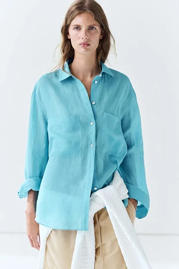 Женская рубашка льняная с длинным рукавом Massimo Dutti, Turquoise Blue — фото 2