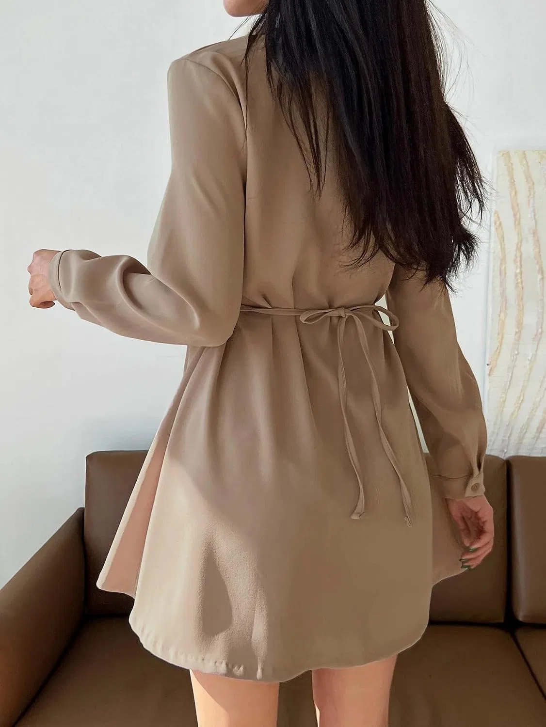 Женское повседневное платье-рубашка с завязкой сзади, Khaki — фото 2