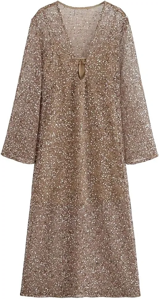 Женское платье миди с пайетками V-образным вырезом, Light Brown