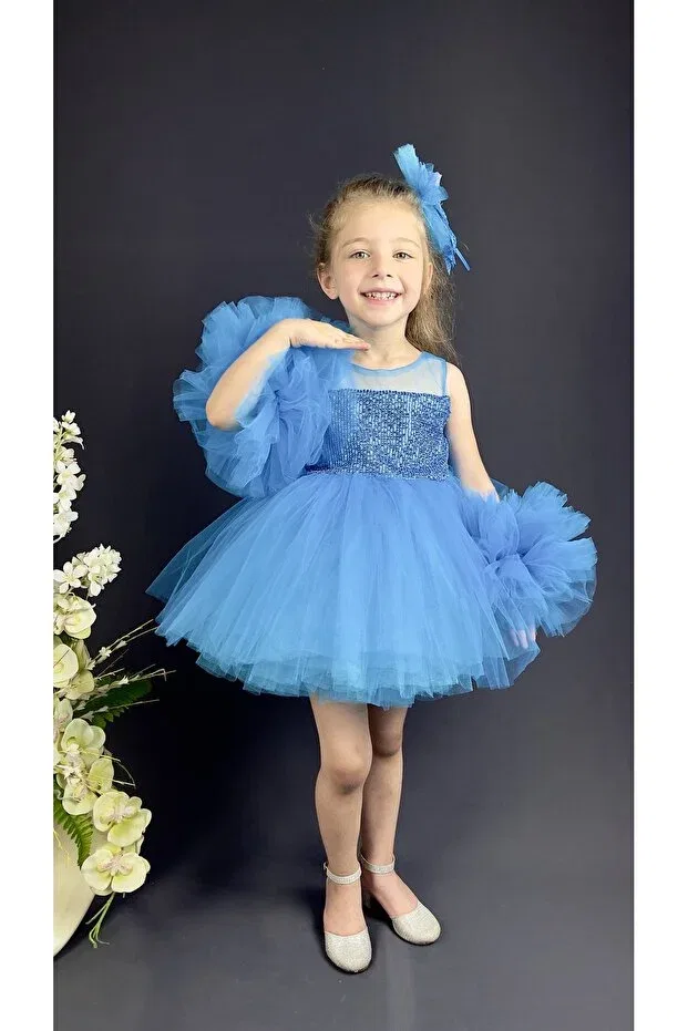 Детское платье для девочек с пайетками Pompom Delfini Kids, Blue — фото 4