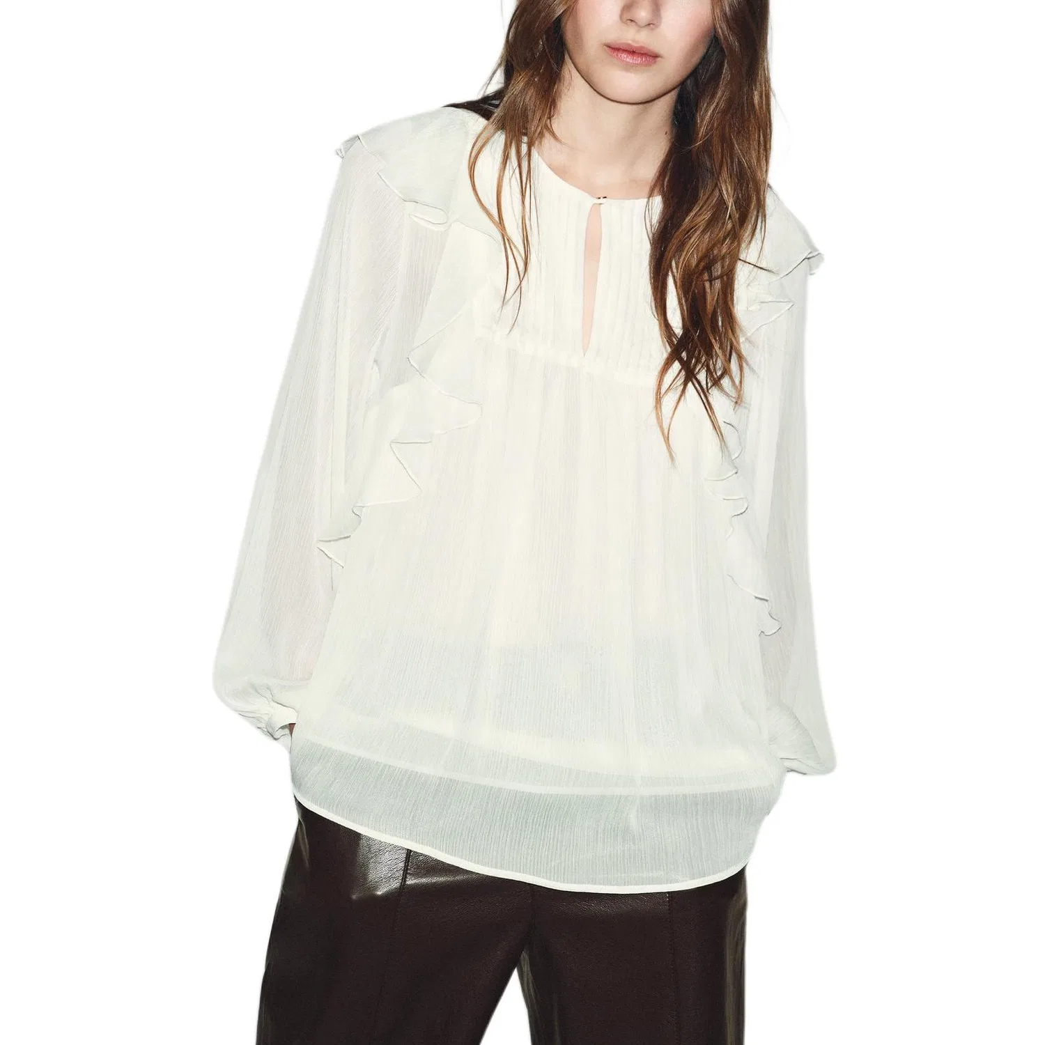 Женская блузка из шифона с круглым вырезом Raw White, ZARA — фото 4
