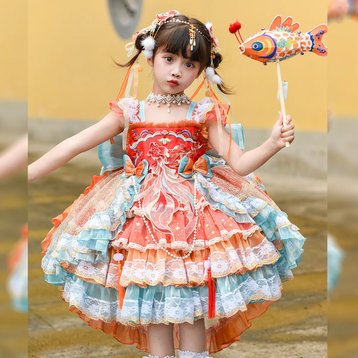 Детское платье для девочек с поездом и нижней юбкой Orange Dress+Train+Petticoat YALU — фото 4