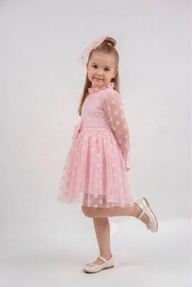 Детское вечернее платье для девочек с принтом Polka Dot Buckle Bow Detailed Eray Kids, Pink — фото 4