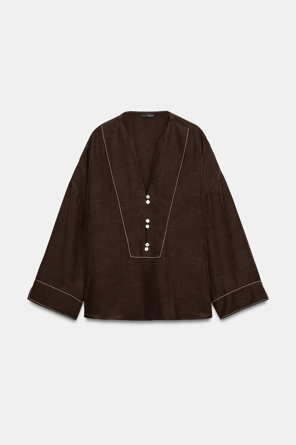 Рубашка из смесовой льняной ткани с контрастной строчкой. ZARA, Brown — фото 3