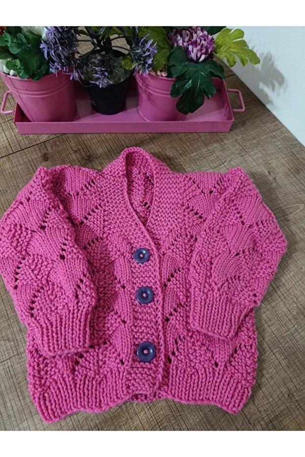 Детский кардиган для девочек вязаный Hand Knitted Kids Cardigan El Örgüsü Cici Bebe, Fuchsia Color — фото 3