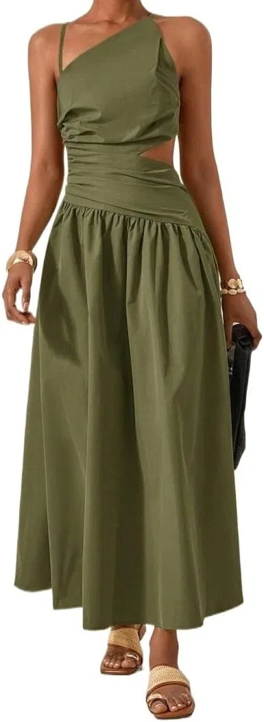 Женское длинное платье на бретелях с вырезами A-line, Army Green