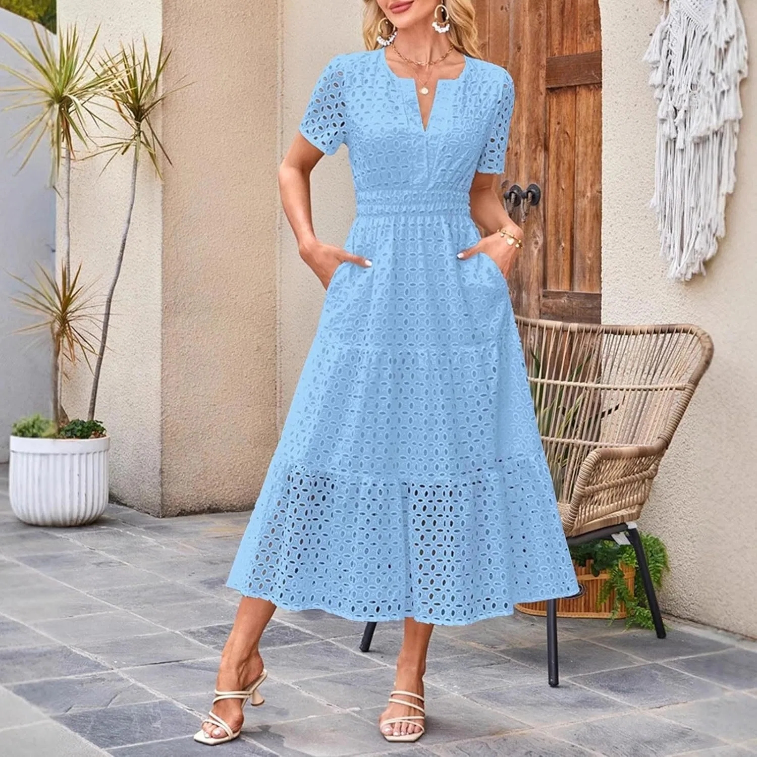 Женское летнее платье макси с вырезами богемный стиль, Light Blue — фото 3
