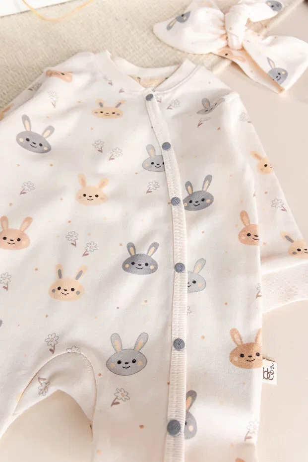 Детский комбинезон для девочек с принтом 100% cotton rabbit patterned bandana Babymod, Ecru — фото 2