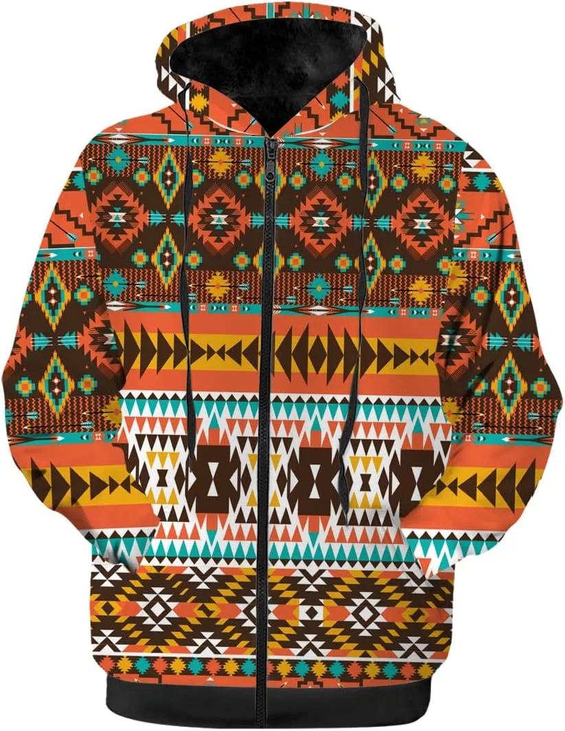 Мужская зимняя куртка с принтом, Black Fleece Lined Zip-up Hoodie Warm Sweatshirt Coat, оранжевый/коричневый