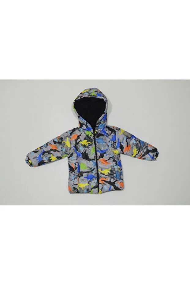 Детское пальто для девочек с капюшоном Winter zipper hooded fleece-lined inside dinosaur pattern water windproof baby boy children's coat, Baby Slon Kids Clup, Gri