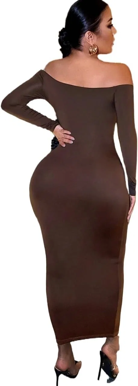 Женское длинное платье с открытыми плечами Bodycon, Chocolate Brown — фото 3