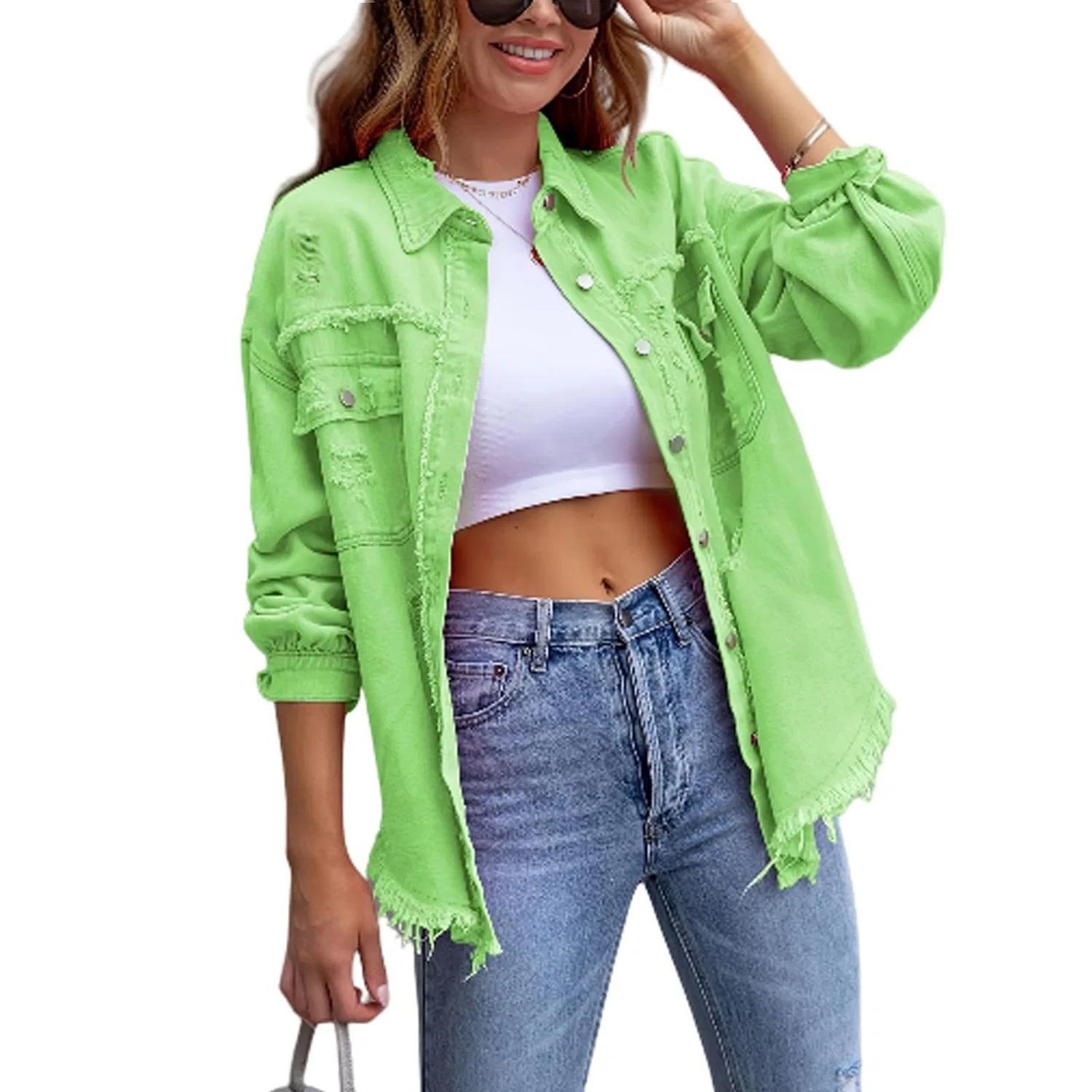 Женское джинсовое пальто с бахромой Boyfriend, Verde chiaro