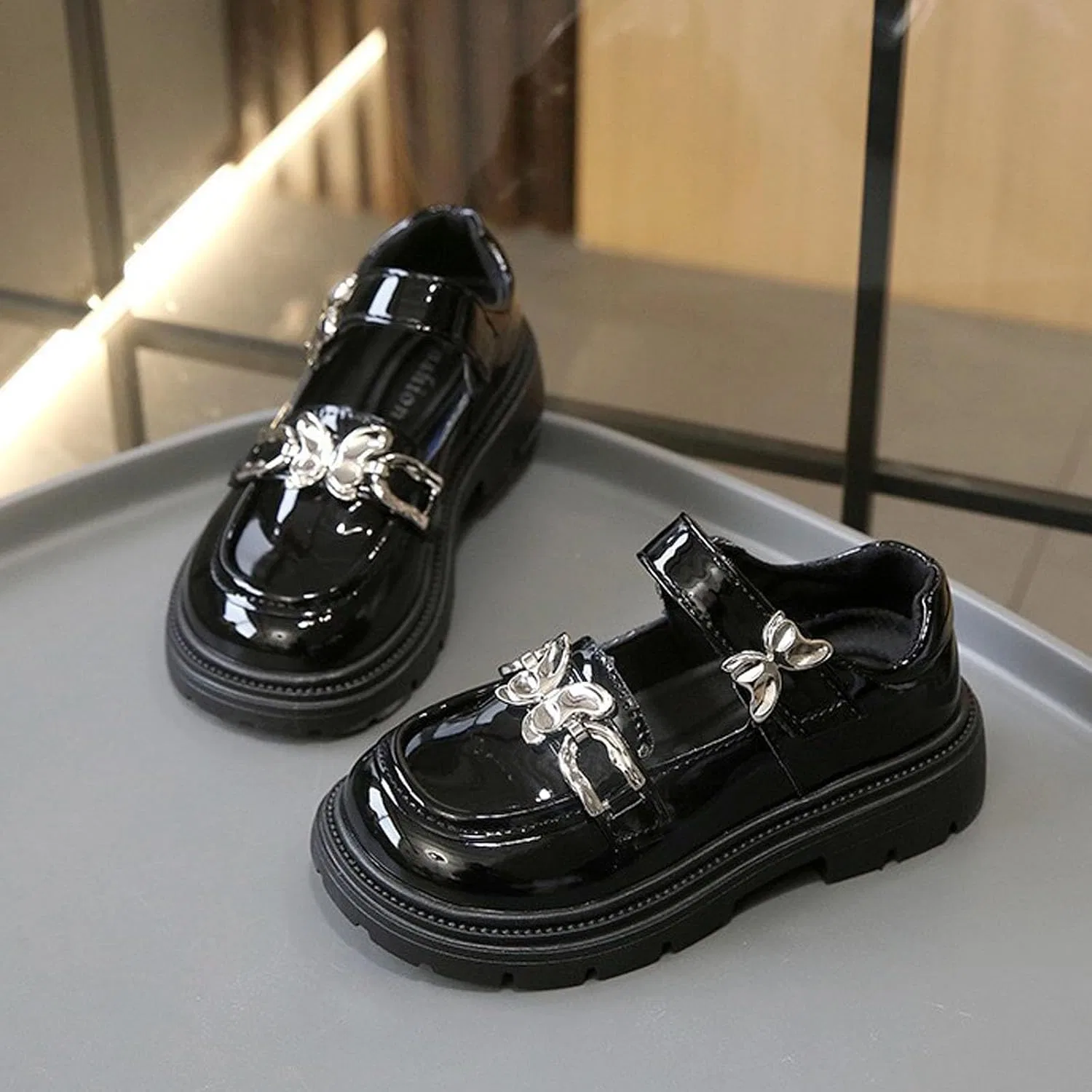 Детские туфли для девочек с принтом Rhinestone Bow Cute British Style Buckle Platform Pump Fashion, Black — фото 3