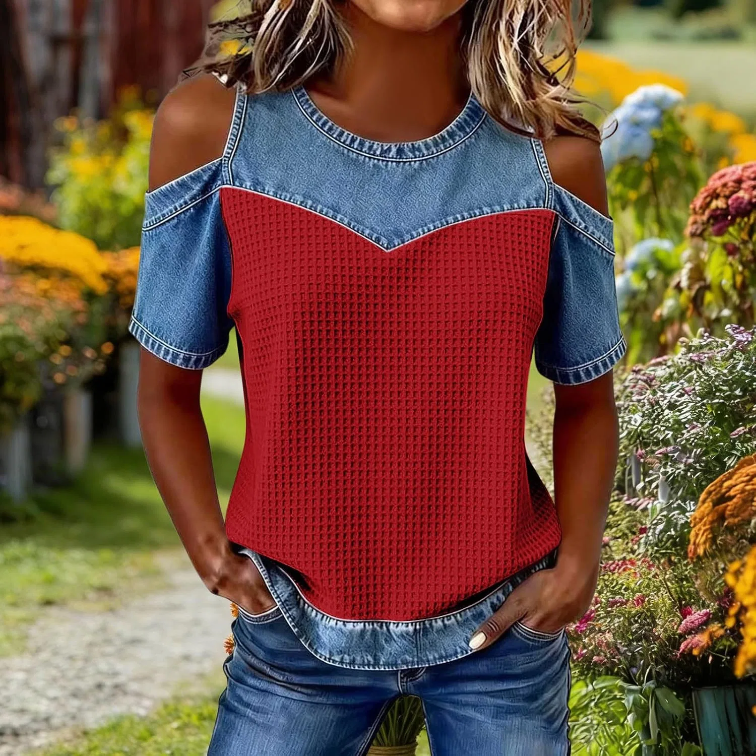 Женская футболка с вырезом на плечах, модель Cold Shoulder Waffle Knit, красный — фото 3