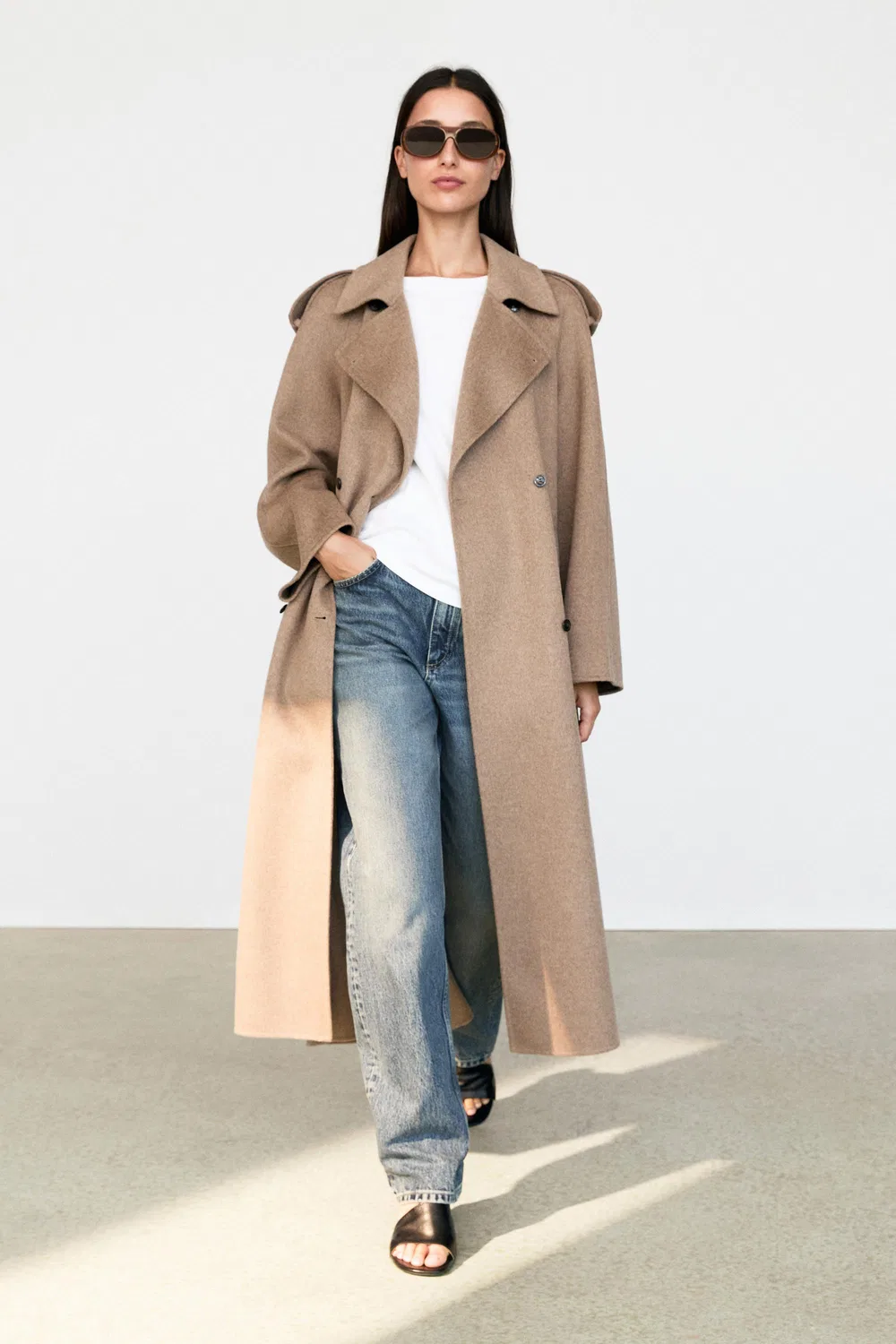 Тренч Massimo Dutti Long Wool Blend Coat , серо-коричневый