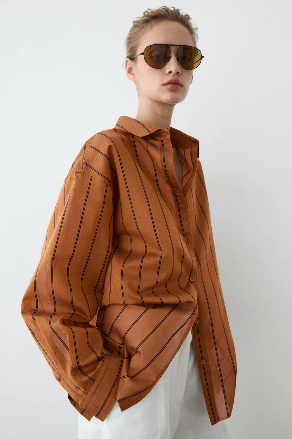 Рубашка Massimo Dutti, полосатая из смеси хлопка и шелка, оранжевая — фото 2