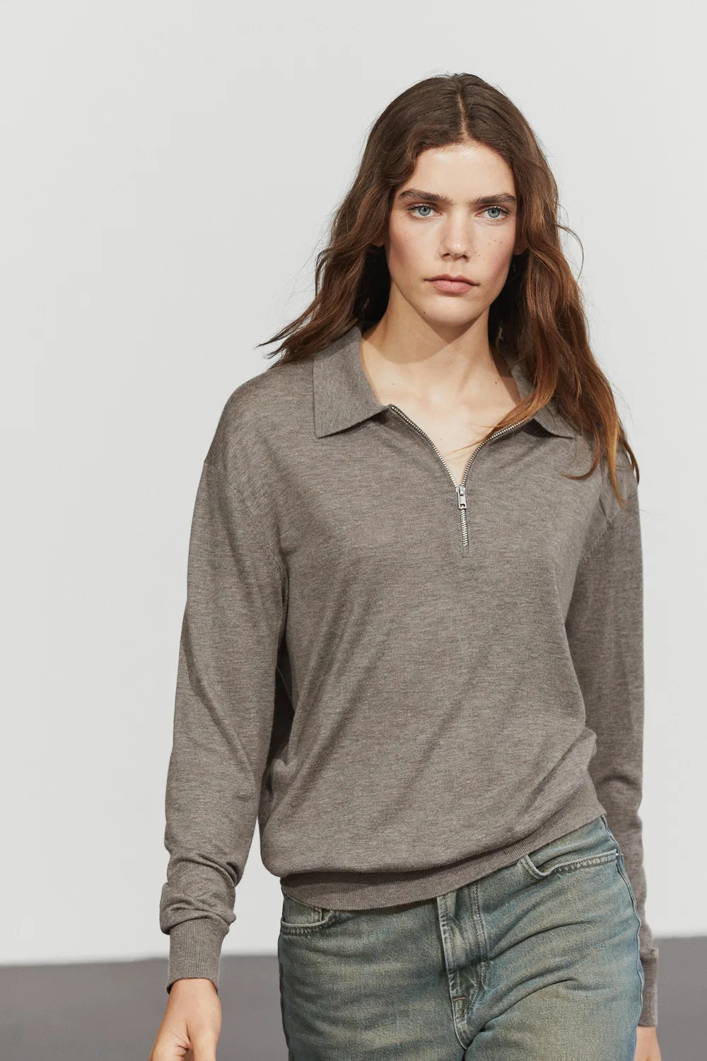 Свитер Massimo Dutti Wool Blend Quarter-Zip Knit, темный хаки