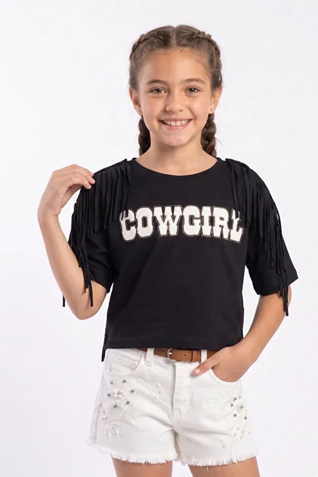 Детская футболка с принтом Tasseled Cowgirl Girl T-Shirt With Stones Escabel, Black