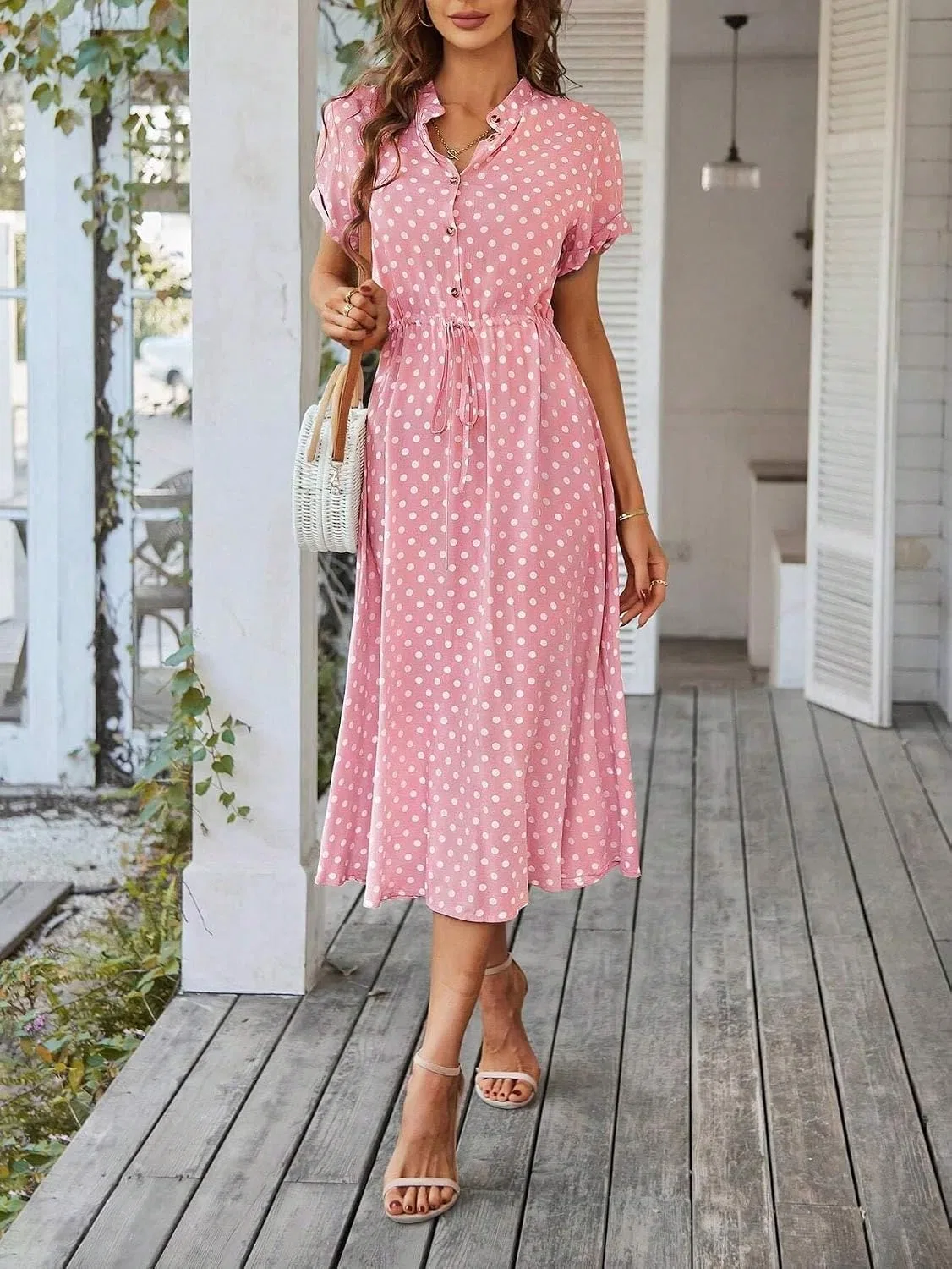 Женское летнее платье с запахом Polka Dot Half Button Knot Front Maxi, Pink — фото 3