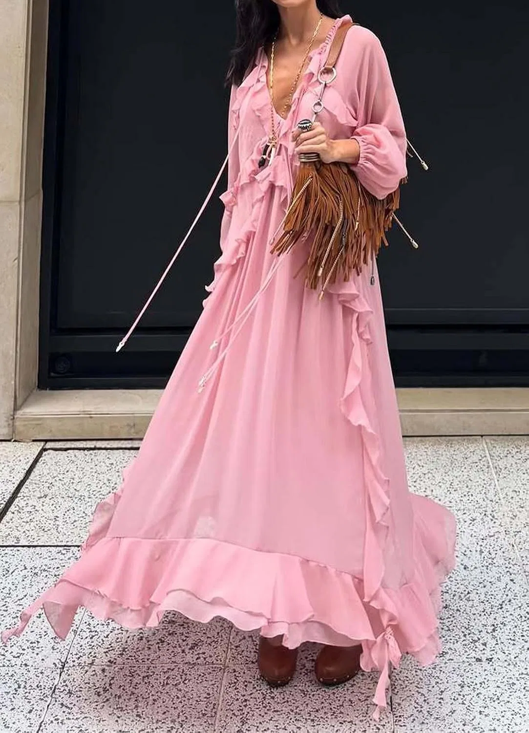 Женское пляжное летнее платье макси с V-образным вырезом, Pink — фото 2