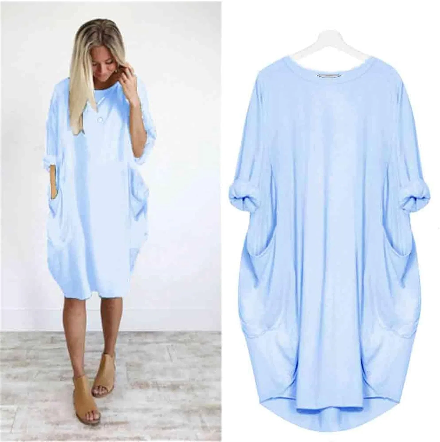 Женское свободное туничное платье с карманами, Sky Blue — фото 3